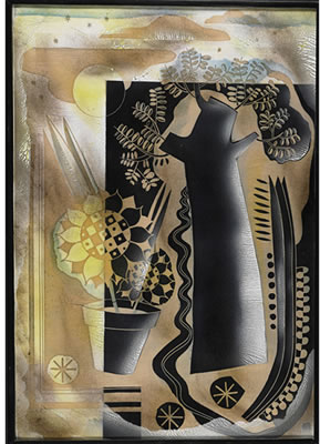 Large vitreous enamel on metal panel with flower pot and tree (framed), Ohio, 1940s