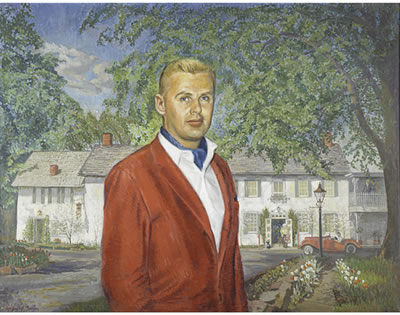 Portrait of local restaurateur, Larry Bemis, before the Black Bass Hotel in Lumberville, Pennsylvania