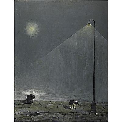 Dog beneath a street lamp