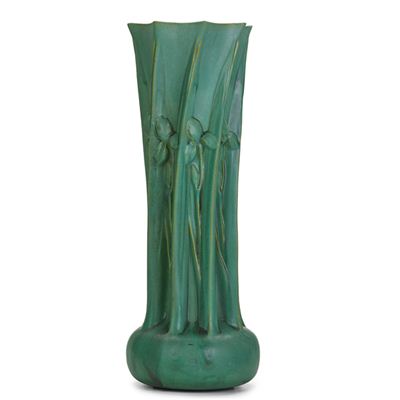 Rare, exceptional, and massive vase with iris blossoms
