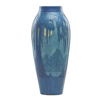 Fine and tall vase decorated with live oaks, Spanish moss, and full moon