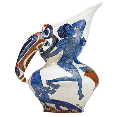 Fine and large glazed hand-built faience pitcher, "Gli Amori" ("The Lovers"), Rome, Italy, 1953