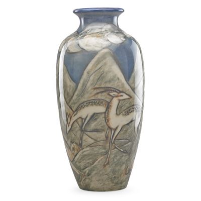 Porcelain vase with antelopes in landscape, Cincinnati, OH, 1948 by Jens Jacob Herring Krog Jensen - Auction record, sale price, and art valuation. Compare with similar artists and explore comparable artworks.