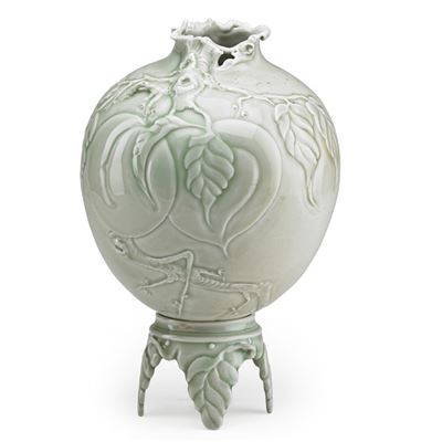 Fine porcelain vase on stand, carved with peaches, celadon glaze, Stevens, PA, 1991 by Cliff Lee - Auction record, sale price, and art valuation. Compare with similar artists and explore comparable artworks.