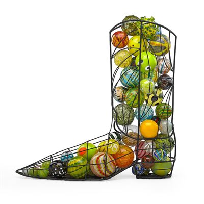 Sculpture, glass balls in cowboy boot-shaped cage