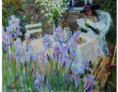 Dans le jardin, femme au chapeau bleu