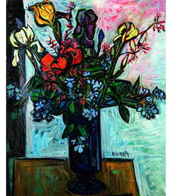 Vase bleu aux iris et autres fleurs