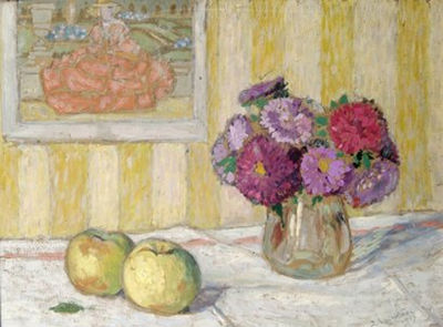 Nature morte au vase de fleurs et aux pommes