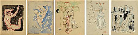 Études diverses: projet pour la couverture du Crapouillot du 1er janvier 1925, danseuse, anges, le salut, la sieste, jeunes filles au bord de la mer, jeune fille aux bleuets, fiancés, le diabolo.... (54)