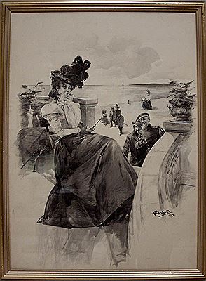 Elegante Dame, an der Strandpromenade von Herren beobachtet