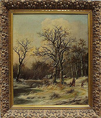Winterlandschaft mit Familie an einem zugefrorenem Flusslauf