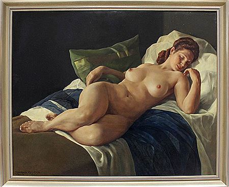 Im Bett liegender weiblicher Akt. Wohl Darstellung der Frau des Künstlers.