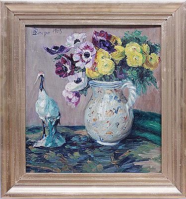 Stillleben mit Blumen und Porzellanfigur.