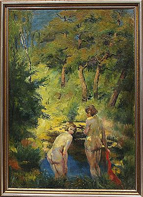 Zwei weibliche Akte an einem sonnendurchfluteten Waldsee.