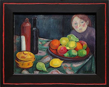 Stillleben mit Obst, Flaschen und Mädchen