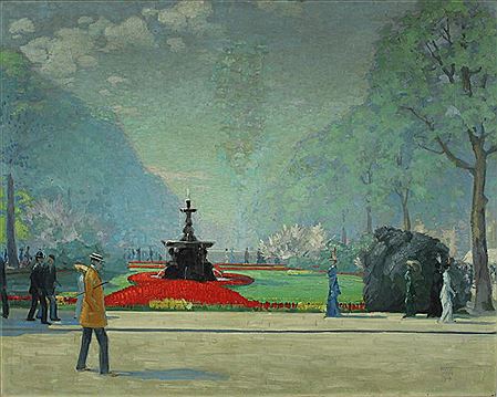 Impressionistische Parkansicht (möglicherweise in Warschau) mit flanierenden Damen und Herren