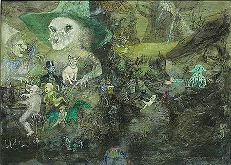 Surreale Landschaft mit grotesken Figuren und Gestalten in der Art des H. Bosch