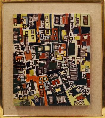 Street scene from above, together with a further oil on canvas by the same hand depicting two abstract figures dining