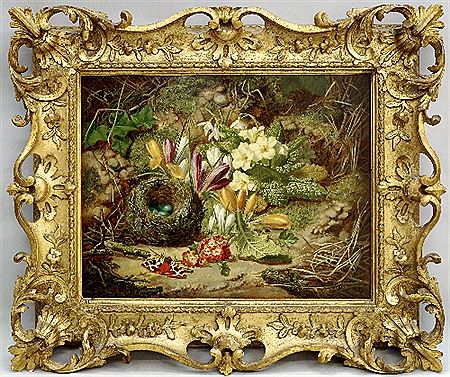 Still life with birds nest, butterfly and primroses