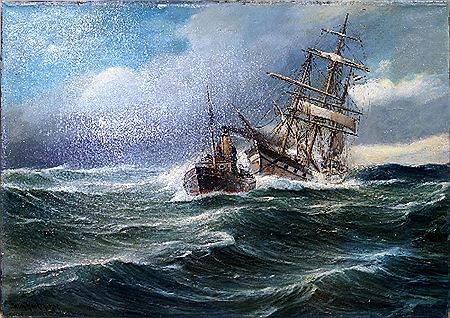 Tug with a sailing ship on rough seas