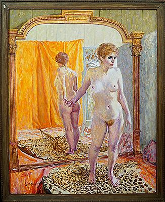 Standing female nude by a mirror in an interior