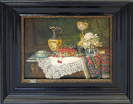 Still life with cherries, nautilus shell cup and roses