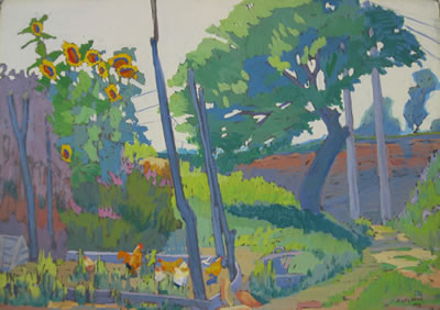 "Sunflowers and Chickens" by Clara Deike - Auction record, sale price, and art valuation. Compare with similar artists and explore comparable artworks.