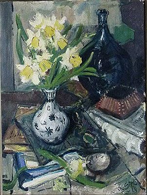 Stilleben: Blumen, Bücher und Schalen