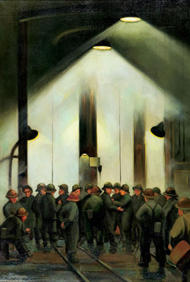 MINERS WAITING AT NO.4 SHAFTHEAD FOR THE CAGE, NORANDA MINDES LTD., NORANDA QUEBEC
