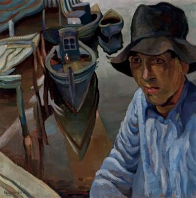 FISHERMAN AT THE HARBOUR (A FINISHED PAINTING OF FARM SCENE ON THE REVERSE)