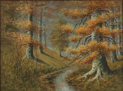 A stream separates the birch tree lined banks