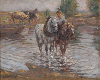 A farmer wading across the water on horseback with two oxen beyond by Anton Denzel - Auction record, sale price, and art valuation. Compare with similar artists and explore comparable artworks.