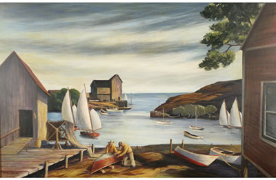 Regionalist New England wharf scene