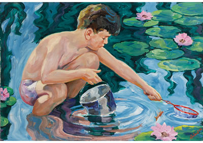 Boy amongst lily pads with goldfish by Lucian Lupinski - Auction record, sale price, and art valuation. Compare with similar artists and explore comparable artworks.