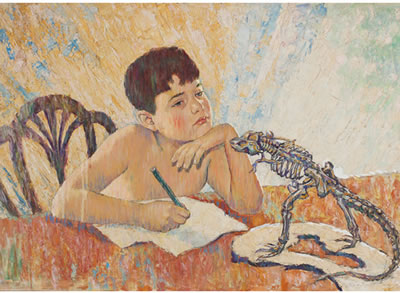 Boy contemplating dinosaur anatomy