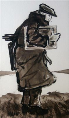 Full portrait of Sir Kyffin Williams in typical raincoat and cap holding artist's accessories in a landscape