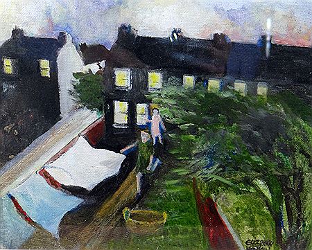 Two figures in a garden entitled `Washing Day`