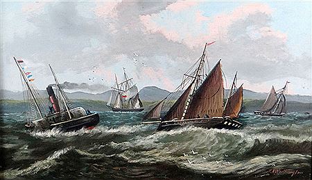 Three sailing ships and a steam boat in rough seas