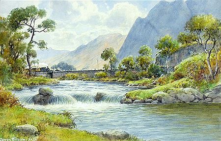 An interesting historical scene of the Falls near Llwyn Cwellyn with a Welsh Highland steam train passing