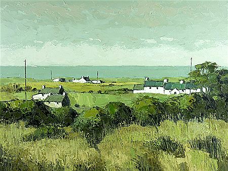 Cottages near Rhosgadfan with Caernarfon Bay in the distance, entitled label verso with Oriel Ynys Mon
