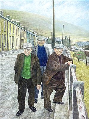 Three hatted gentlemen in a Valleys street, entitled verso on Attic Gallery label 'Shadows in a Theatre of Dreams'