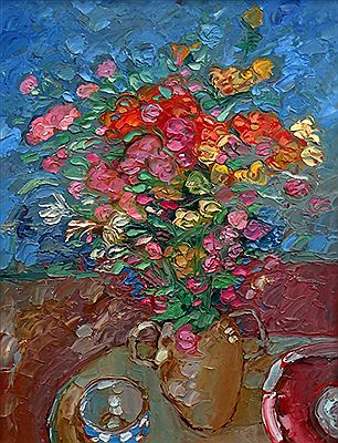Still life of flowers and vessels entitled 'The Round Table'