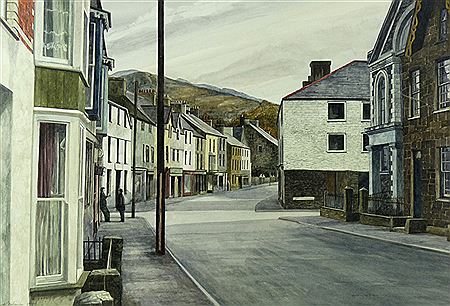 Street scene with chapel and figures entitled 'Bron Wylfa'