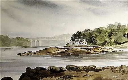 Menai Straits with suspension bridge, 1978