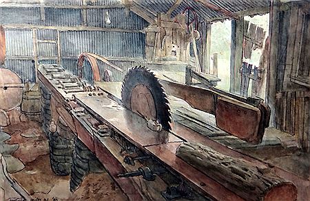 Interior workshop scene 'Sawing Shed at Cwmcoll Mill' by Arthur Miles - Auction record, sale price, and art valuation. Compare with similar artists and explore comparable artworks.