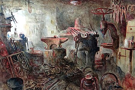 Interior of a blacksmith's forge by Arthur Miles - Auction record, sale price, and art valuation. Compare with similar artists and explore comparable artworks.