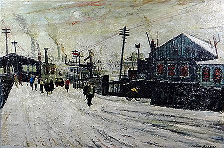 Snowy street scene with numerous figures and telephone lines