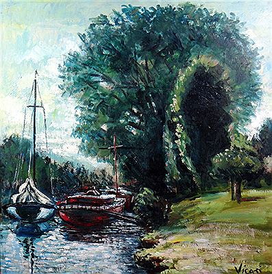 Boats moored riverside shaded by large tree entitled 'Moorings'