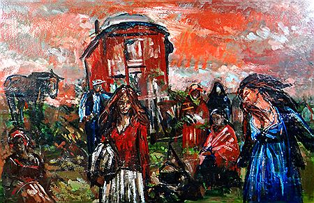Colorful scene of travelers at camp site with caravan and house in background 'At the Gypsy Encampment'