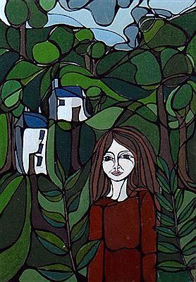 Female figure in wooded background